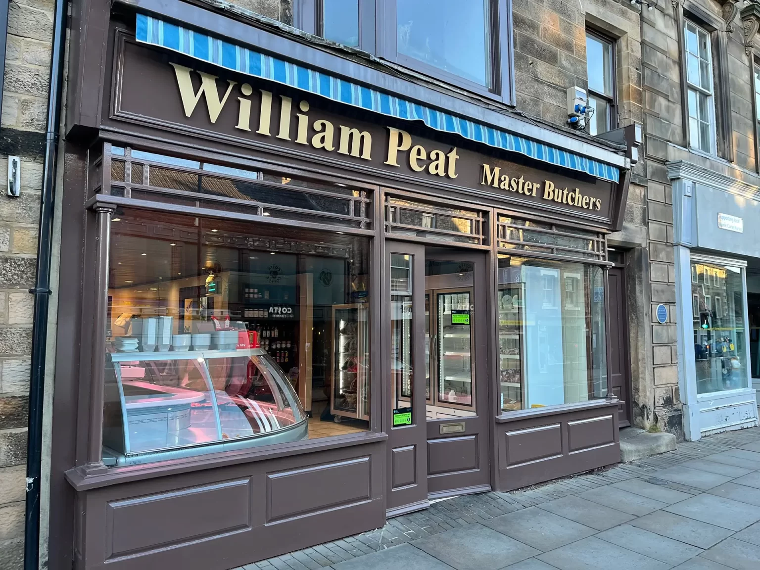 William Peat Butchers shopfront on Horsemarket, Barnard Castle, Teesdale.